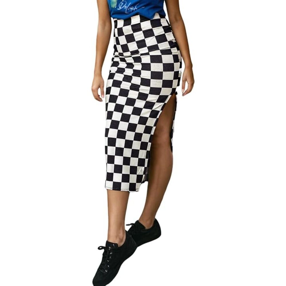 Checkered Slit Midi Skirt, Large, 15F-203B002